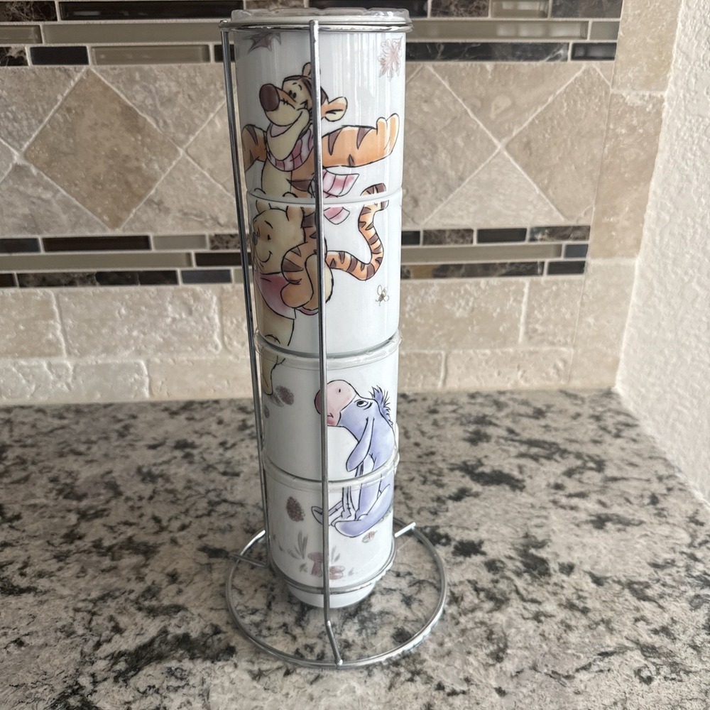 Winnie the Pooh Cartoon Disney 4pc 10oz Coffee /Tea Mugs Stackable In Rack NWOT